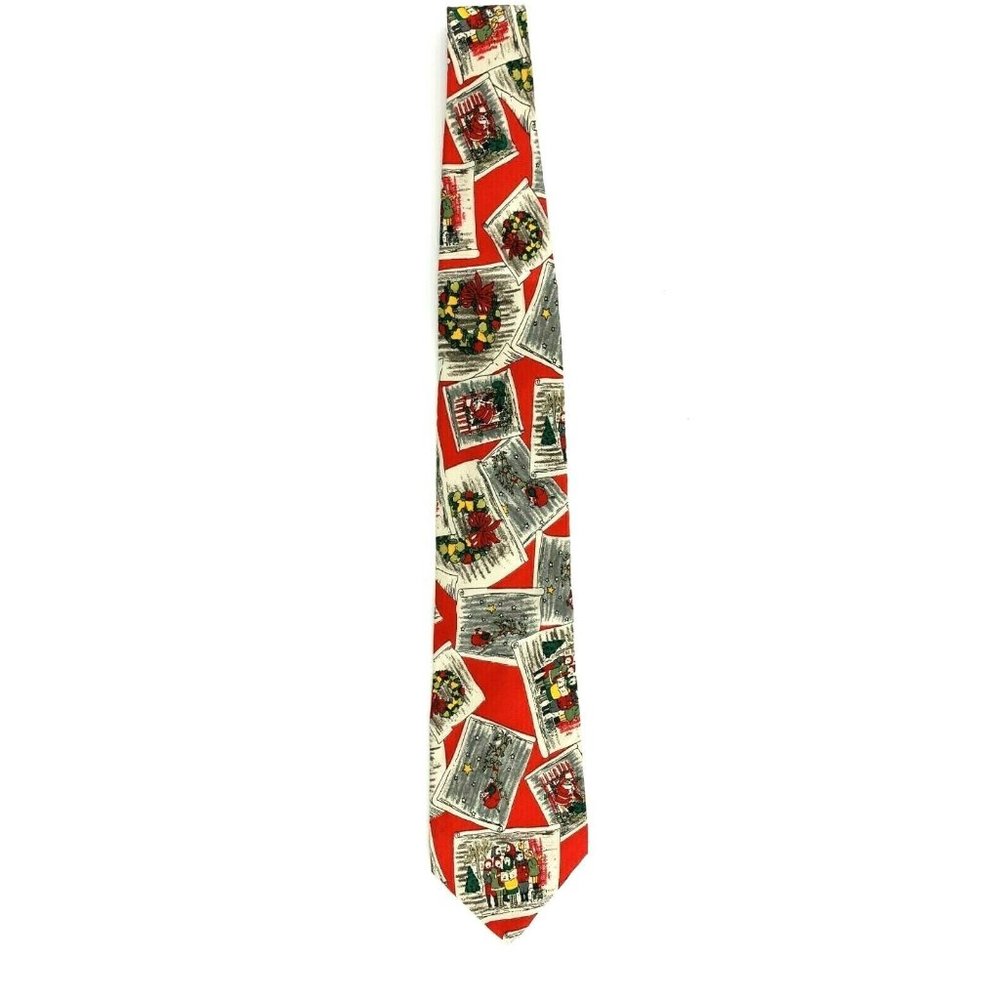 Dillard's Men's Necktie. Carolers, Santa, Reindeer, Wreaths, Red. Silk. VGC